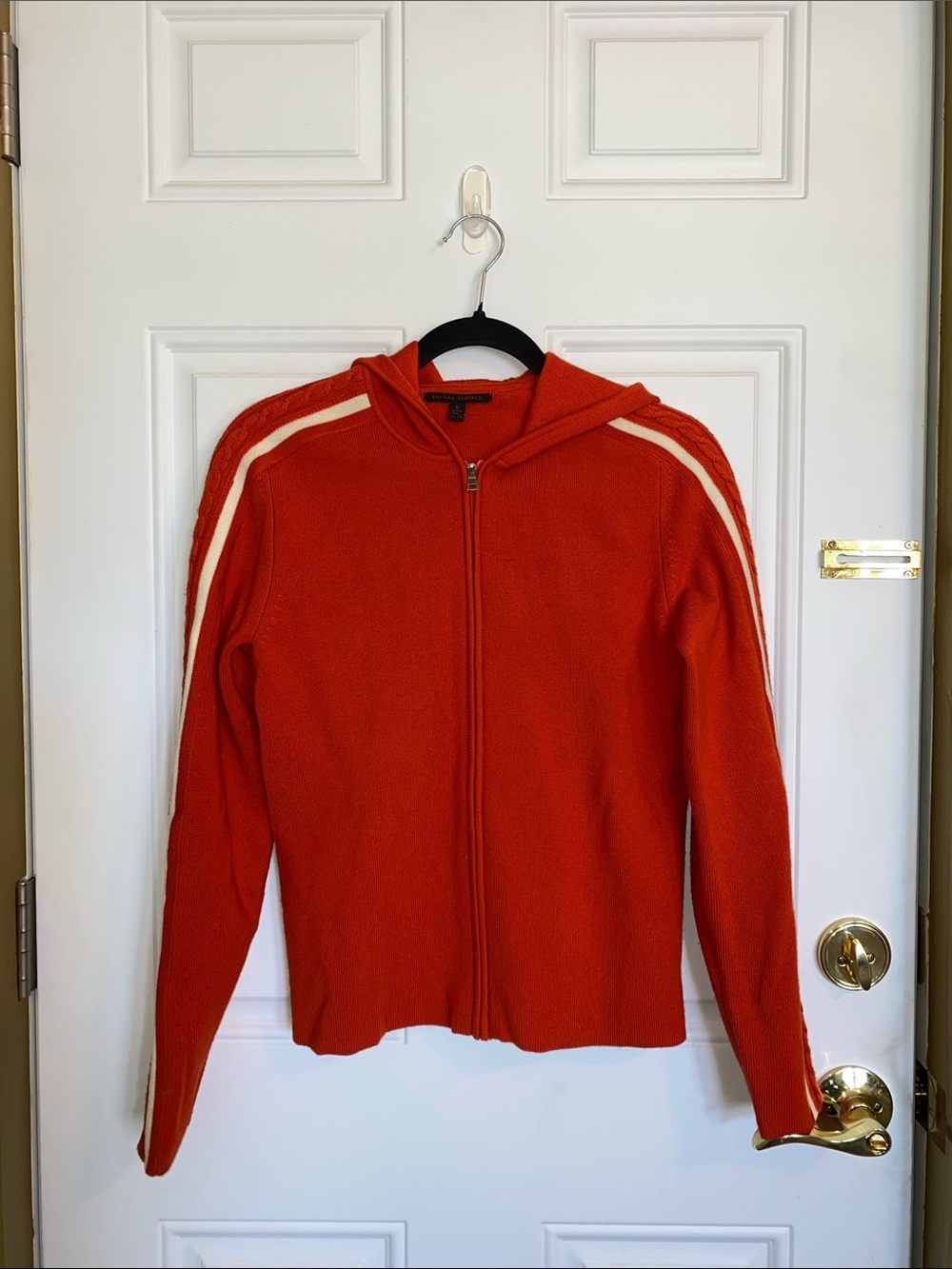 Banana Republic Women’s Merino Wool Red Zip-Up Hooded Sweater with White Stripe